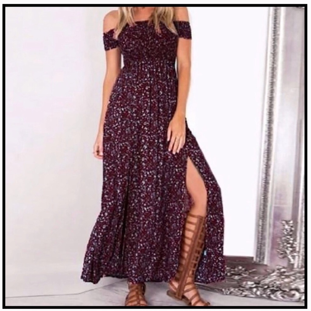 Smocked Floral Dress in Aubergine - Picture 2 of 6